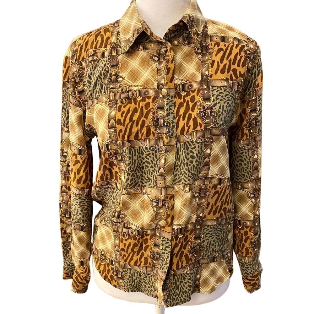VTG Allison Taylor Gray Brown Silk Belt Buckle Animal Print Shirt Blouse Medium